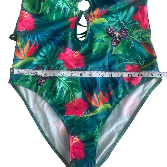 Swim Summer Beach Tropical Printed Hollowed Out One Piece Floral Sz XL - Picture 7 of 9